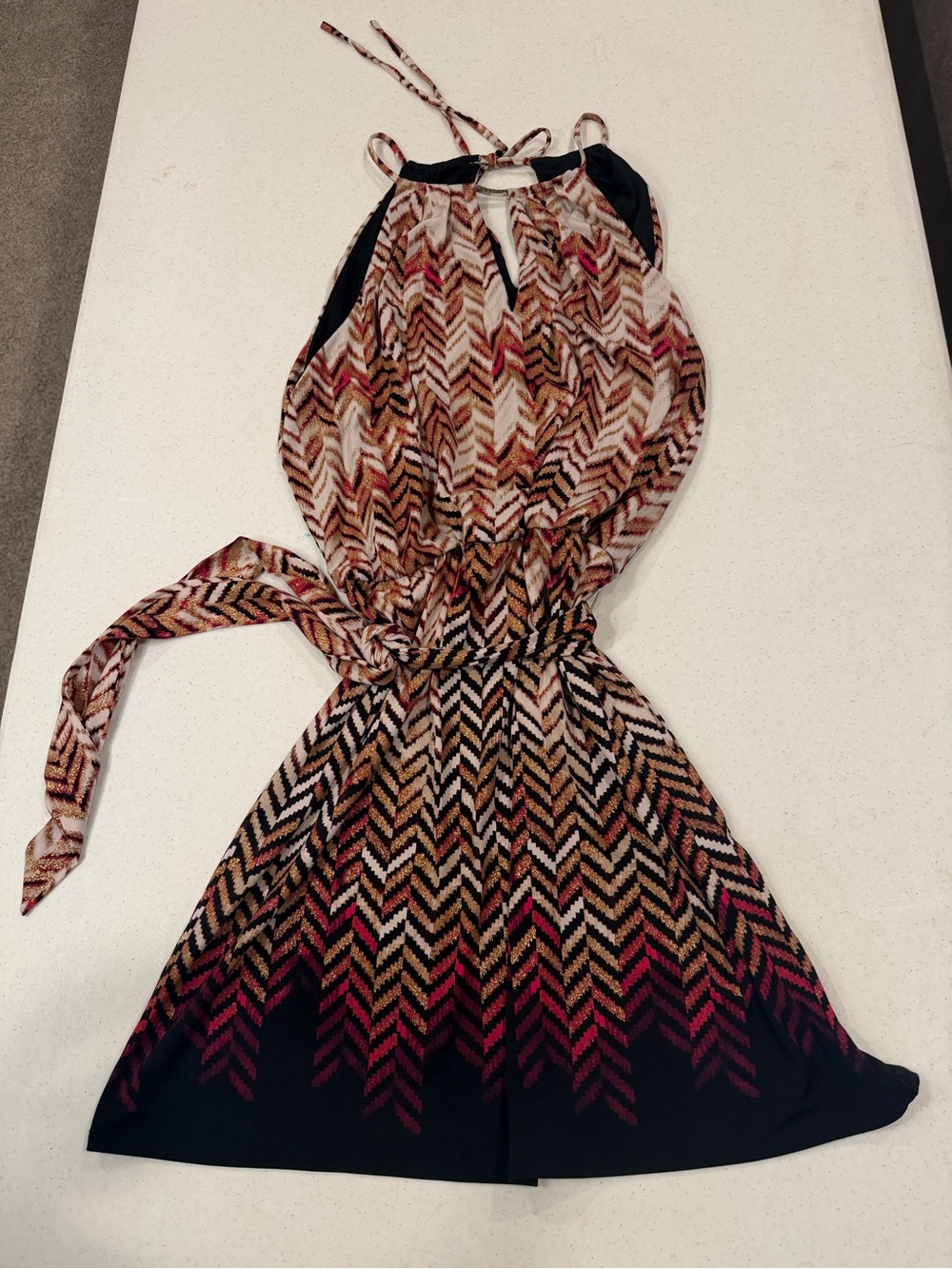 Sleeveless Chevron Print Halter Dress in Multi-Color